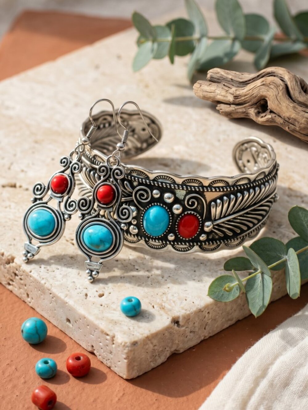 Silver Cuff Bracelet Earrings Set Turquoise Red Coral Southwestern Boho Filigree - Picture 12 of 15